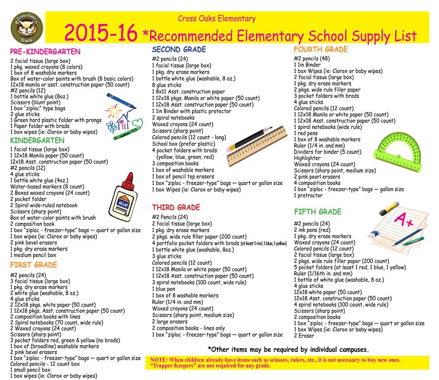 elementary school supply list template