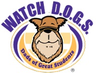 logo for Watchdogs program: brown dog with purple shirt