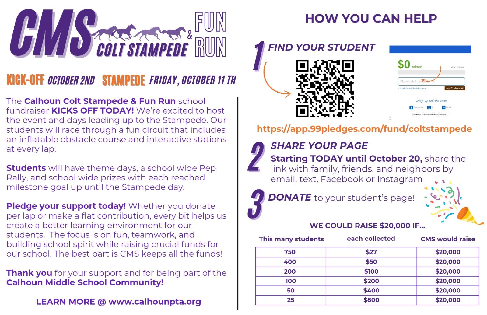  Image of student flyer with QR Code to fun run donation website.