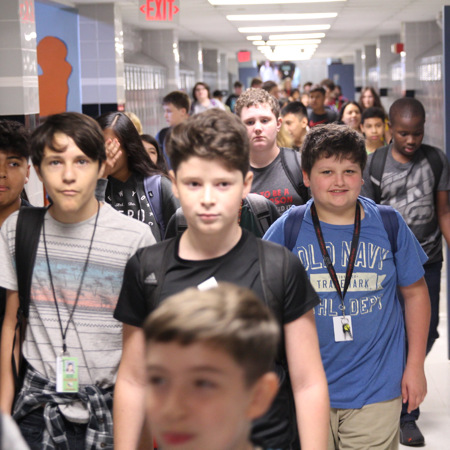 Students walking in a hallway