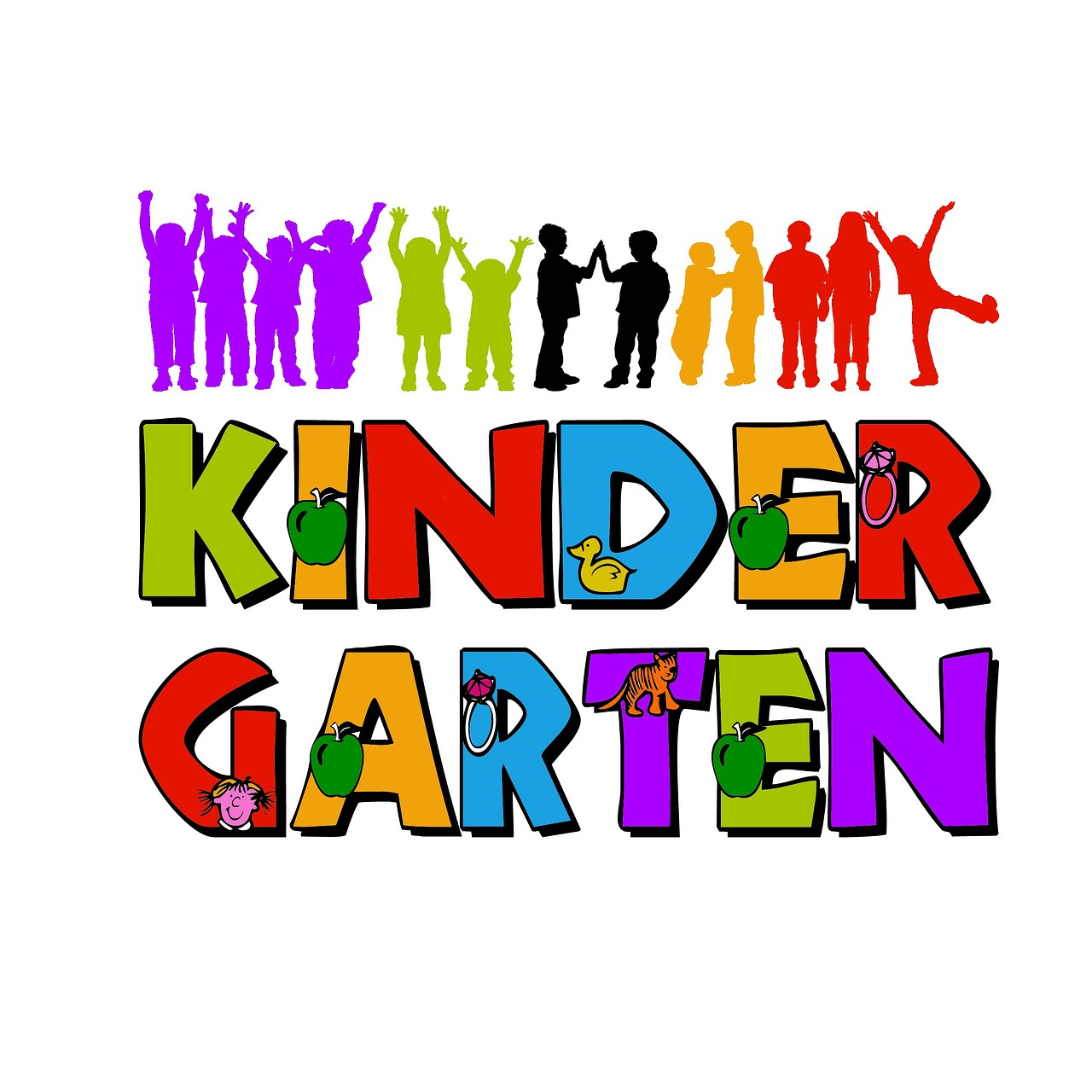  colorful word "kindergarten" and clip art children.  Stock Image.