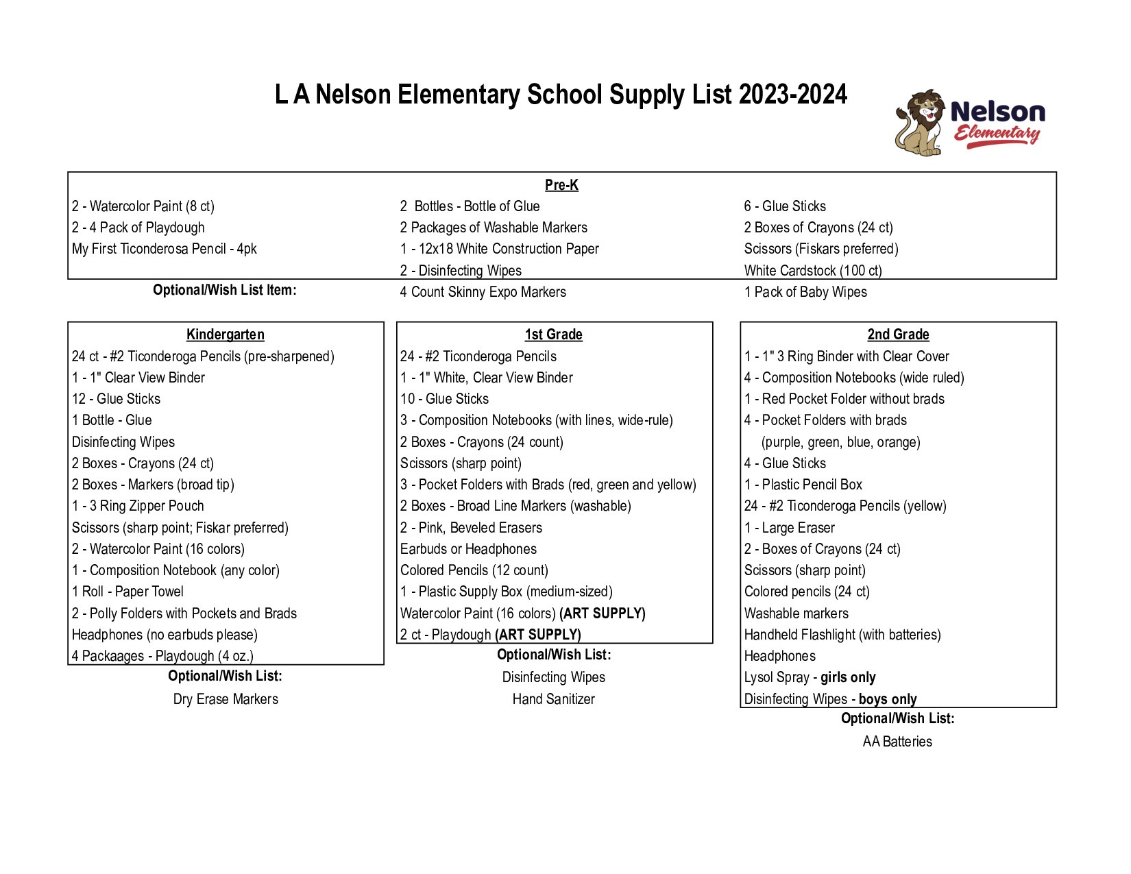 Nelson School Supply Lists 20232024