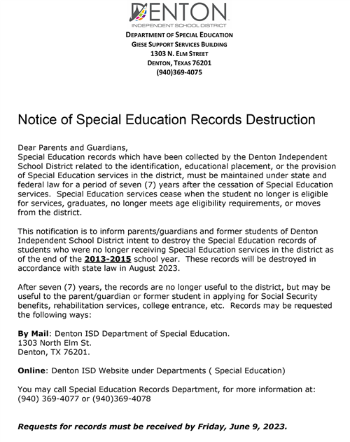 Notice of Records Destruction